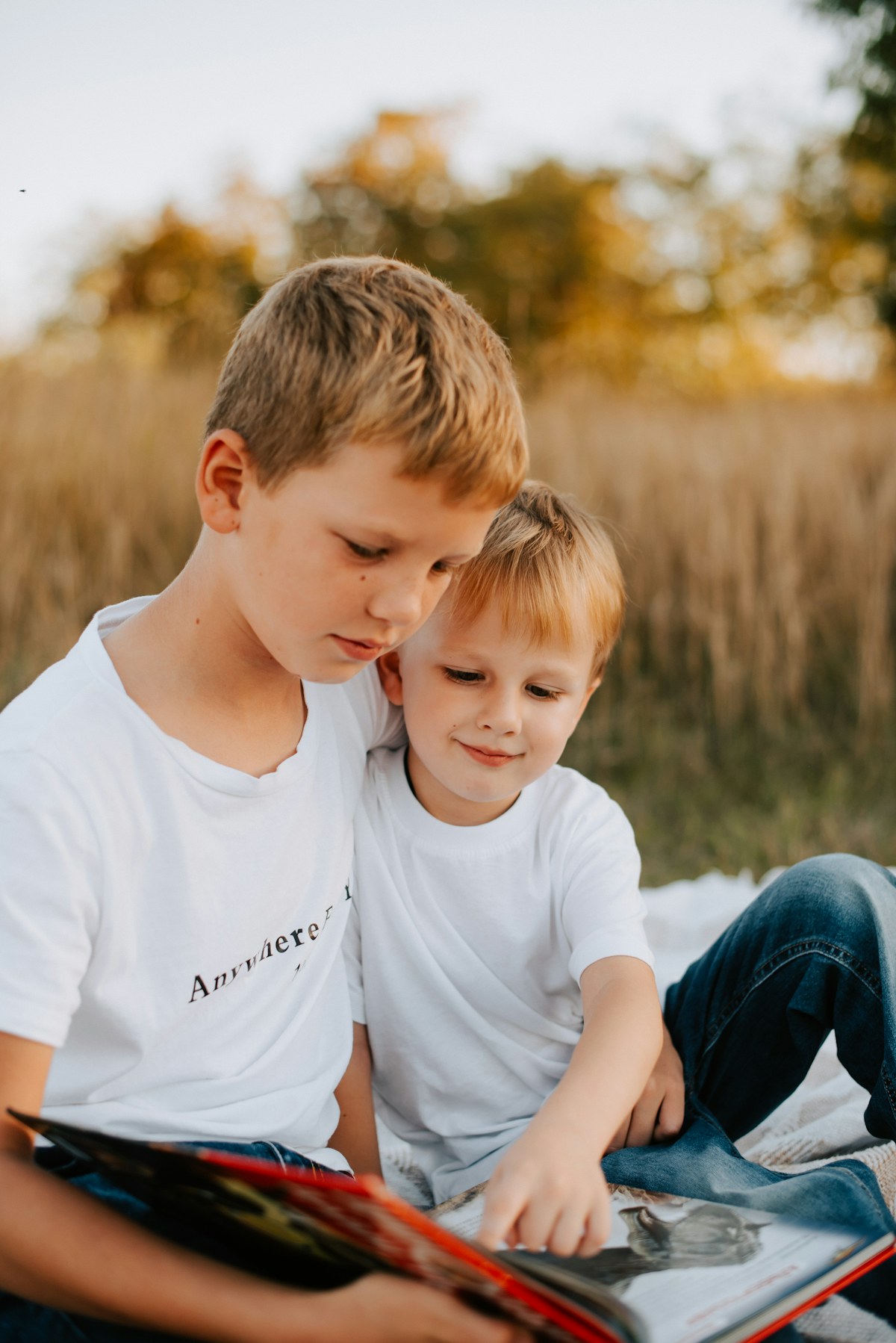 Two children sit close together on a blanket, looking at an open picture book outdoors. Illustrative photo for this preview activity.